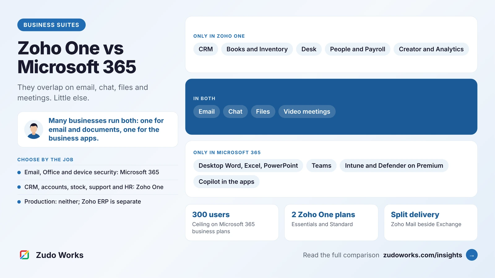Zoho One vs Microsoft 365 as three groups: only in Zoho One are CRM, Books and Inventory, Desk, People and Payroll, and Creator and Analytics; in both are email, chat, files and video meetings; only in Microsoft 365 are desktop Word, Excel and PowerPoint, Teams, Intune and Defender on Premium, and Copilot in the apps. An office worker beside the takeaway that many businesses run both, a choose-by-the-job list, and three facts: a 300-user ceiling on Microsoft 365 business plans, two Zoho One plans (Essentials and Standard), and split delivery for Zoho Mail beside Exchange