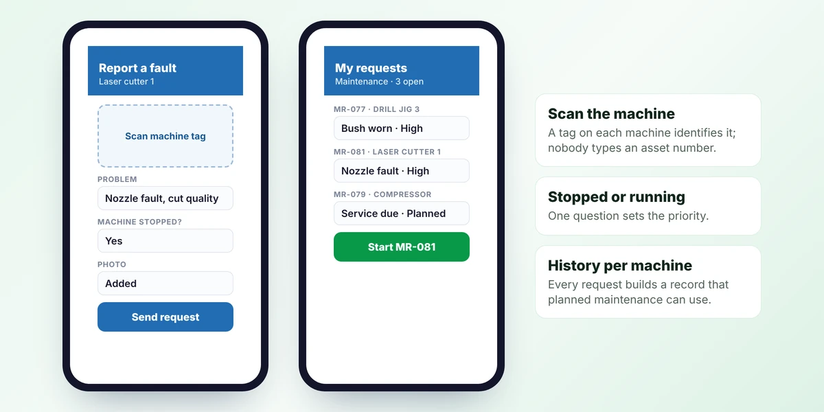 Two concept phone screens for maintenance: reporting a machine fault by scanning its tag, and a technician&rsquo;s list of open requests