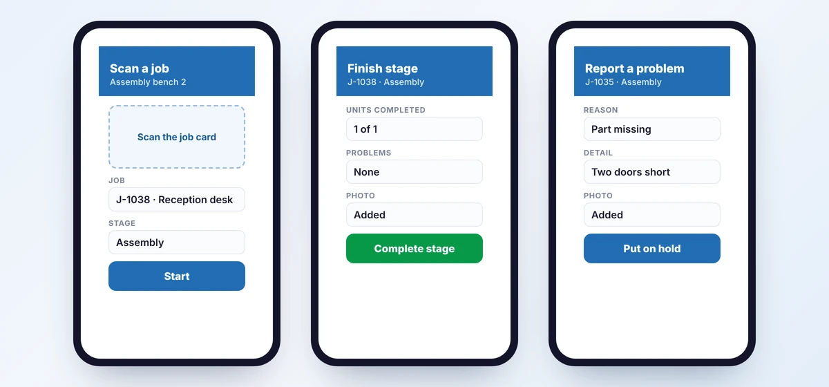 Three concept tablet screens for workshop staff: scan a job, finish a stage and report a problem