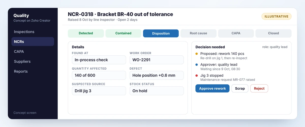 Concept nonconformance report screen with a six-stage progress bar, defect details and a pending disposition decision