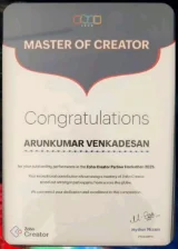 Master of Creator (Global Winner) certificate from the Zoho Creator Partner Hackathon 2025, presented to Arunkumar Venkadesan